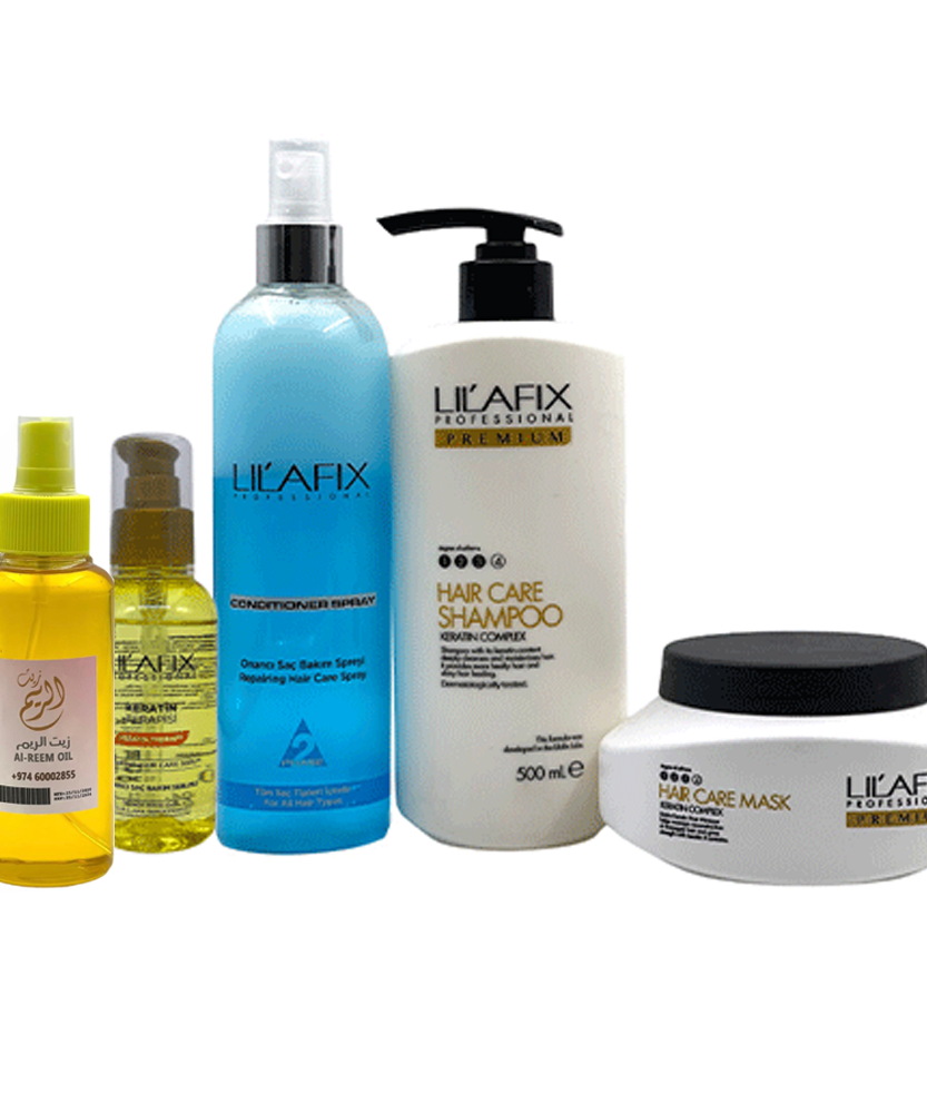 Lilafix Blue Pack من 5 (شامبو + مكيف رذاذ أكوا الأزرق + قناع + مصل الكيراتين + زيت الريم)