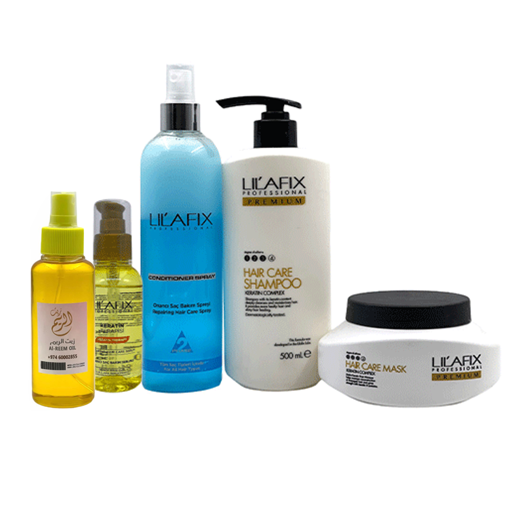 LilaFIX Blue Pack Of 5 (Shampoo + Aqua Blue Spray Conditioner + Mask + Keratin Serum + Al Reem Oil)