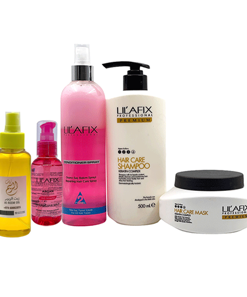 حزمة Lilafix Rose من 5 (شامبو + أكوا روز رذاذ مكيف + قناع + Argan Serum + AL Reem Oil)