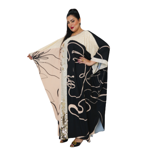 نصف عباية بيج واسود مع خط فضي من الوسط