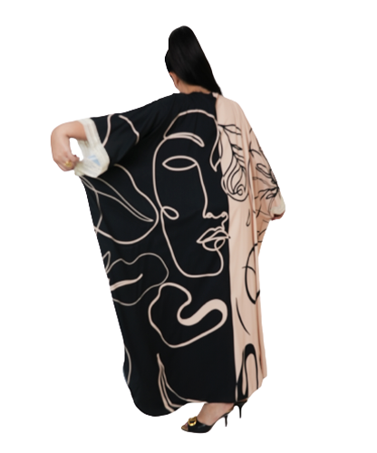 Half Beige & Black Abaya With Middle Silver Lining
