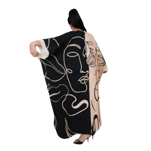 Half Beige & Black Abaya With Middle Silver Lining