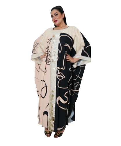 Half Beige & Black Abaya With Middle Silver Lining