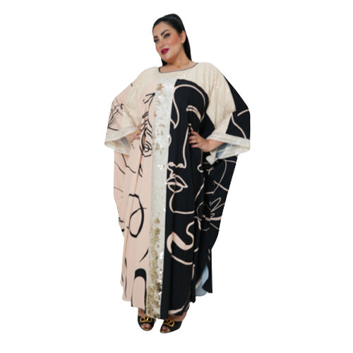 Half Beige & Black Abaya With Middle Silver Lining